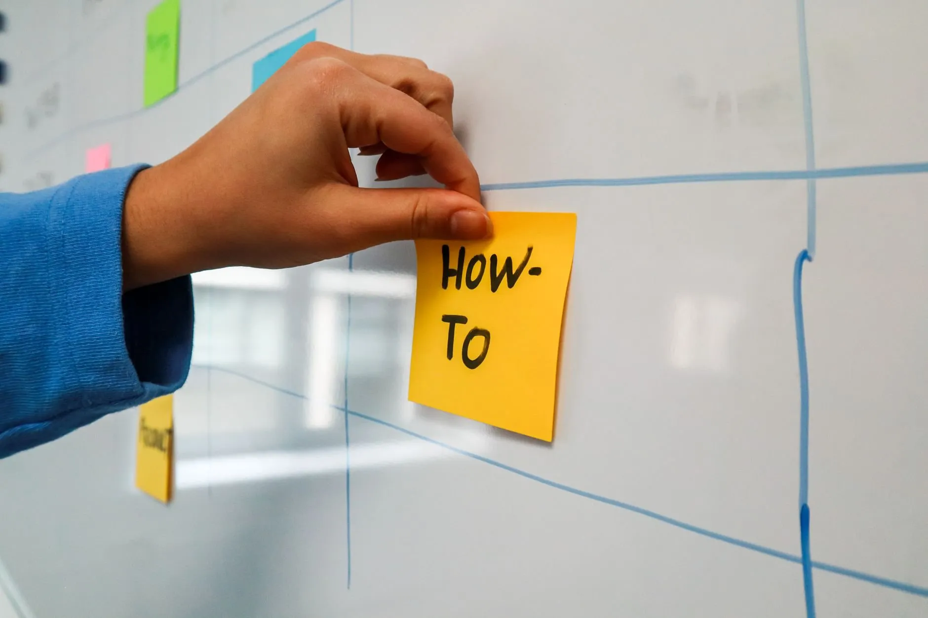 A hand pressing a sticky note onto a whiteboard grid